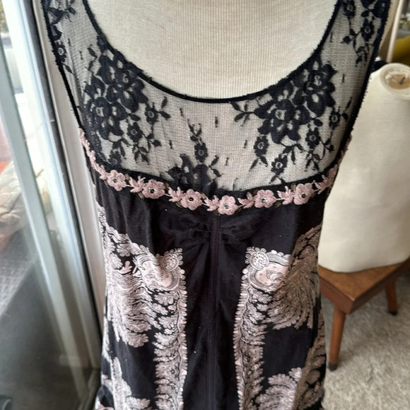 Barbary Coast Linen tunic Dress Free people black & beige lace size 10 paisley - Picture 4 of 11
